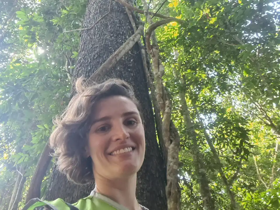 Ana Flávia junto ao tronco de uma árvore, numa área de floresta.
